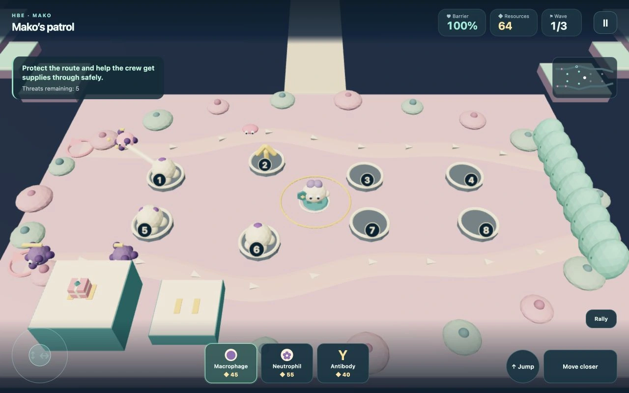 The immune patrol defending a route with placed defenders.